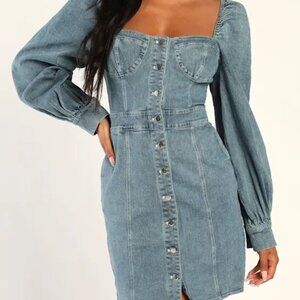 Trending Sweet Blue Denim Balloon Sleeve Mini Dress With Pockets